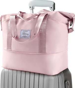 Travel Duffel Bag - Large Shoulder Weekender Overnight Bag, Carry on Bags with Wet Pocket, Waterproof Expandable Duffel Bags with Trolley Sleeve for Sports Travel Gym, Pink